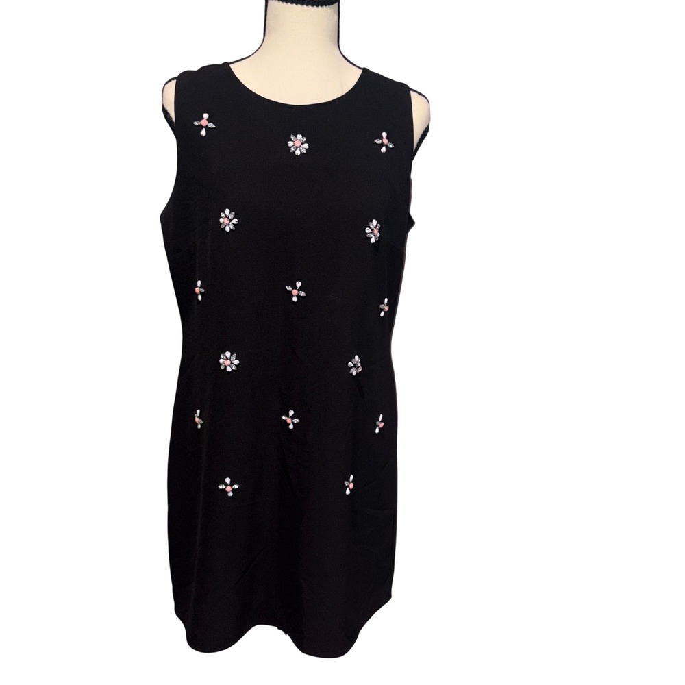 Vintage 90s Shift Dress Womens 9 Black Rhinestone Floral Jodi Kristopher